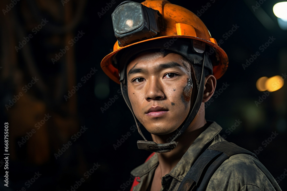 Generative ai technology portrait of mine worker wearing helmet extracting coal resources dirty face Generative ai technology portrait of mine worker wearing helmet extracting coal resources dirty face