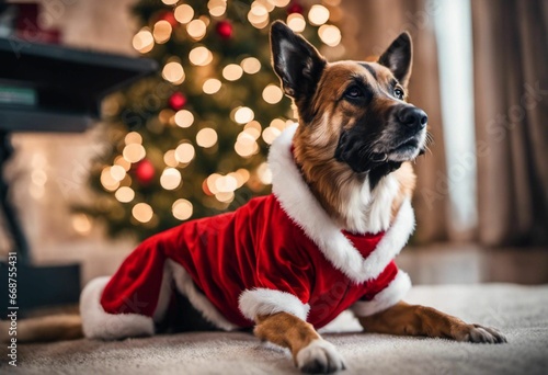 AI illustration of A German Shepherd dog dressed in a festive Santa Claus costume.