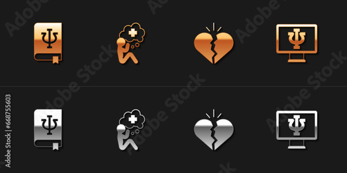 Set Psychology book, Psi, Helping hand, Broken heart or divorce and Psychologist online icon. Vector