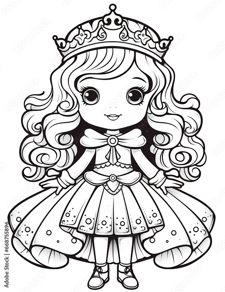 Outline art for a cute little beautiful princess suitable for coloring pages with a white background. 