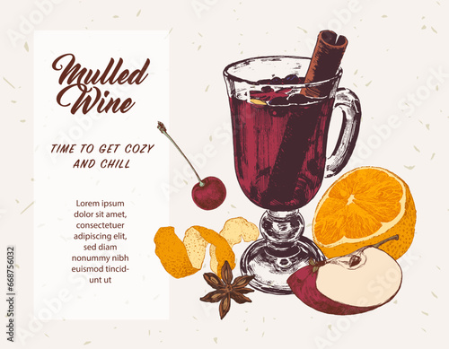 Traditional mulled wine glass with fruits. Peeled orange. Autumn mood illustration. Hot drinks menu with hand drawn spices