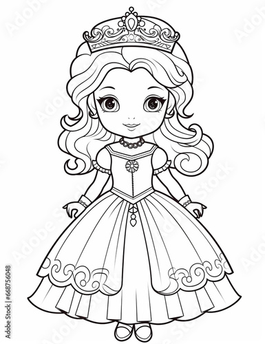 Outline art for a cute little beautiful princess suitable for coloring pages with a white background. 