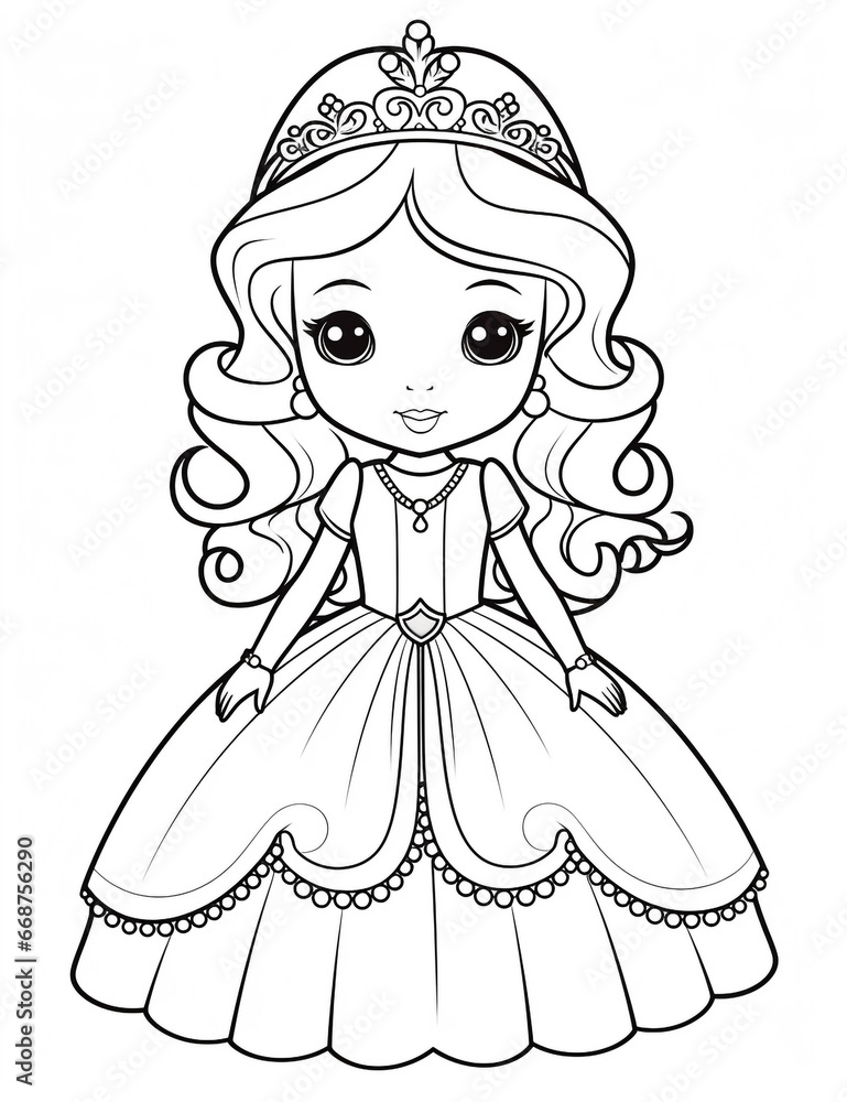 Fototapeta premium Outline art for a cute little beautiful princess suitable for coloring pages with a white background. 