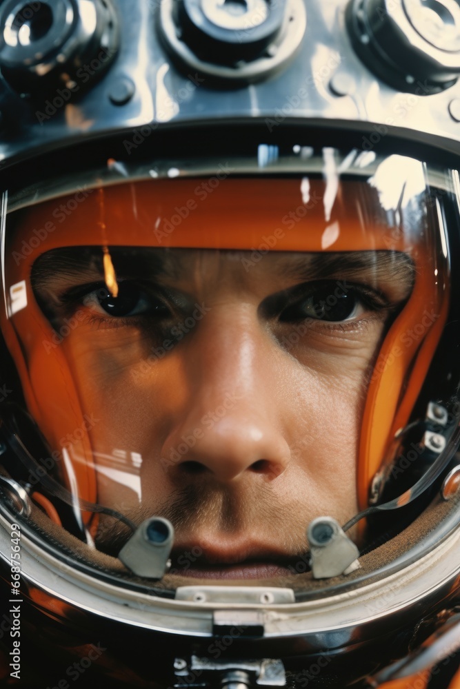 Close up of an astronaut in an helmet. Light reflections on the visor of the helmet Close up of an astronaut in an helmet. Light reflections on the visor of the helmet