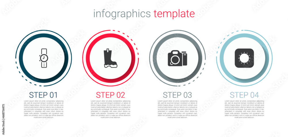 Set Wrist watch, Waterproof rubber boot, Photo camera and Sun. Business infographic template. Vector Set Wrist watch, Waterproof rubber boot, Photo camera and Sun. Business infographic template. Vector