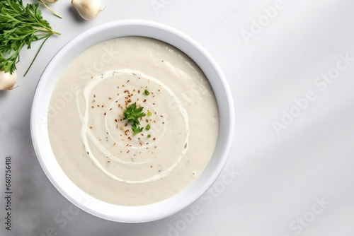 Top view of mushroom cream soup puree with greens on a white background, copy space for text