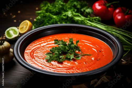 Bowl of homemade tomato soup puree in black plate with ingredients on a dark background