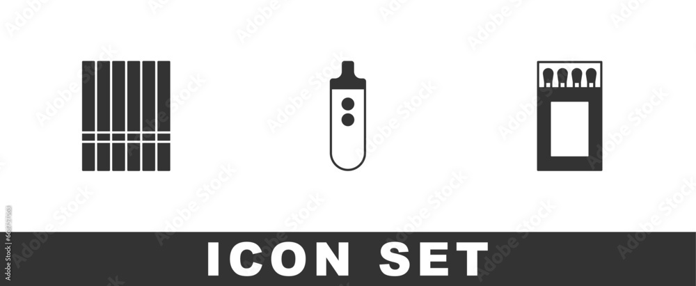Set Cigarette, Electronic cigarette and Matchbox and matches icon. Vector Set Cigarette, Electronic cigarette and Matchbox and matches icon. Vector