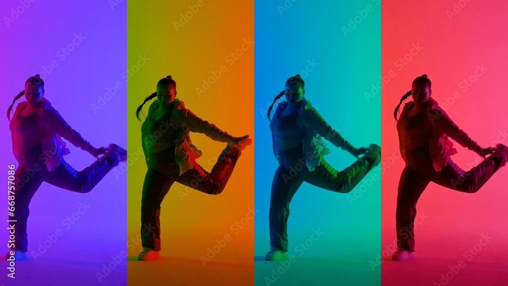 Multicolored collage of a woman dancing jazz-funk on pink and blue neon background in a studio. Modern dynamic and energetic dance choreography. Full length.