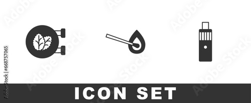 Set Tobacco leaf shop, Burning match with fire and Vape mod device icon. Vector