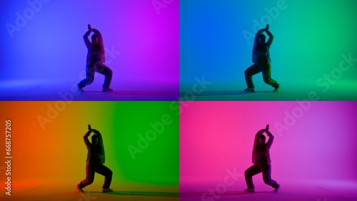 Multicolored collage of a woman dancing jazz-funk on pink and blue neon background in a studio. Modern dynamic and energetic dance choreography. Full length.