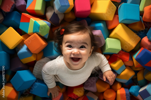 laughing baby with dark hair falling on bright soft toy cubes,top view,