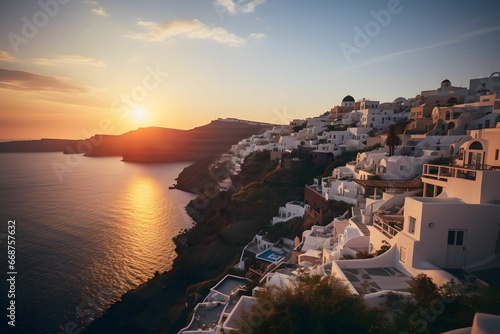 Summer destination in Europe. Concept of travel: picturesque sunset on Santorini Island, Oia, Greece Dream cityscape, beautiful clouds, and a glimpse of the caldera View from vacation, breathtaking 