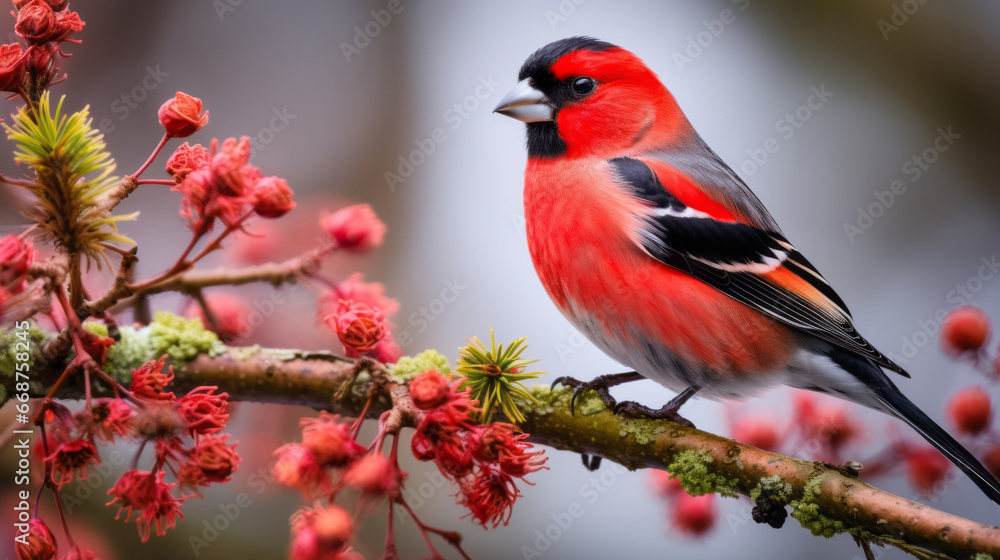 Beautiful bright red little bullfinch bird on a branch. Winter and Christmas symbols and signs, holiday banner, postcard Beautiful bright red little bullfinch bird on a branch. Winter and Christmas symbols and signs, holiday banner, postcard