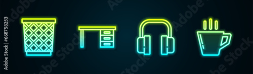Set line Trash can, Office desk, Headphones and Coffee cup. Glowing neon icon. Vector