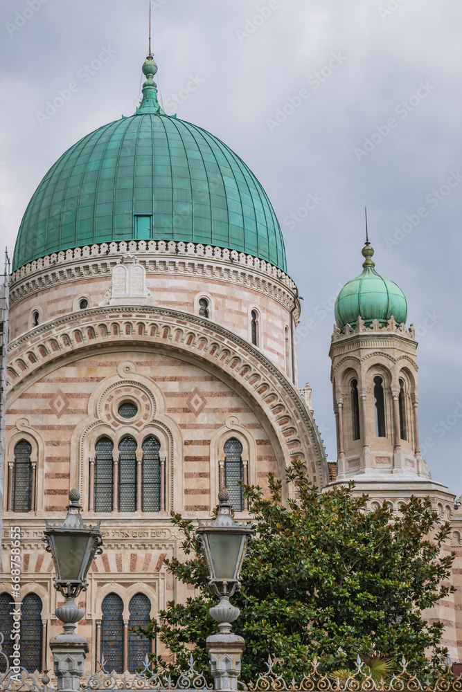Detail of facade and dome of synagogue and Jewish museum of Florence, ITALY