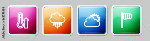 Set line Meteorology thermometer, Cloud with rain, Sun and cloud weather and Cone windsock wind vane. Colorful square button. Vector