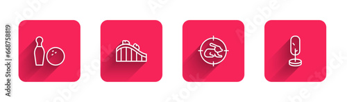 Set line Bowling pin and ball, Roller coaster, Hunt on rabbit with crosshairs and Tree with long shadow. Red square button. Vector