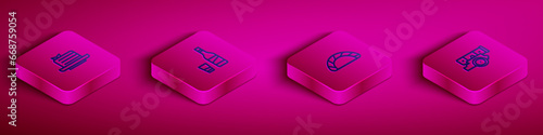 Set Isometric line Medovik, Bottle of vodka with glass, Dumpling and Cannon icon. Vector