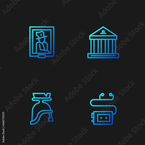 Set line Museum audio guide, Roman army helmet, Portrait in museum and building. Gradient color icons. Vector