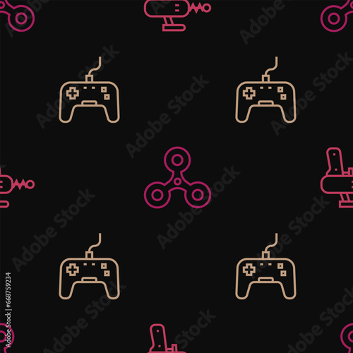 Set line Ray gun, Gamepad and Fidget spinner on seamless pattern. Vector