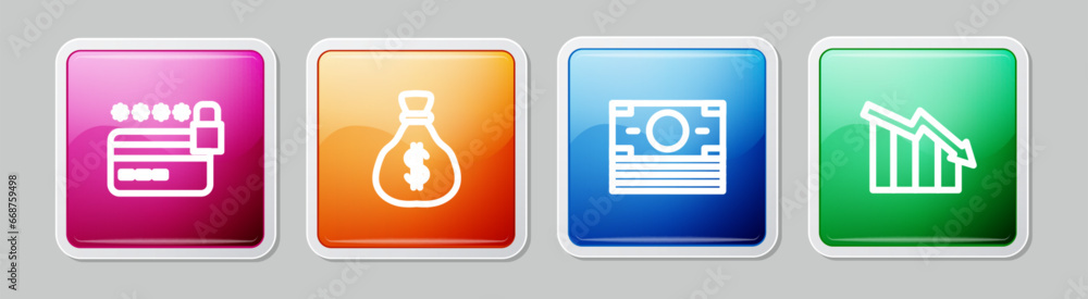 Set line Credit card with lock, Money bag, Stacks paper money cash and Financial growth decrease. Colorful square button. Vector Set line Credit card with lock, Money bag, Stacks paper money cash and Financial growth decrease. Colorful square button. Vector