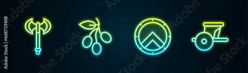 Set line Medieval axe, Olives branch, Greek shield and Ancient chariot. Glowing neon icon. Vector