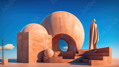 Abstract architecture surreal building. Dream scene with epic architectural abstraction under the blue sky.