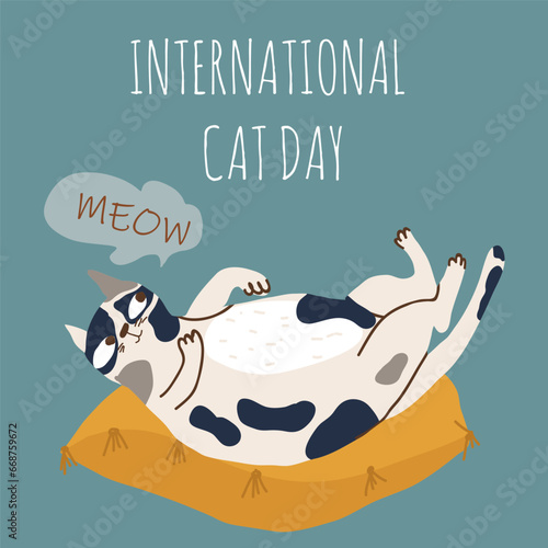 Postcard for the international cat day on August 8. Funny cartoon cat. Happy animals Print to greeting card, poster, flyer.