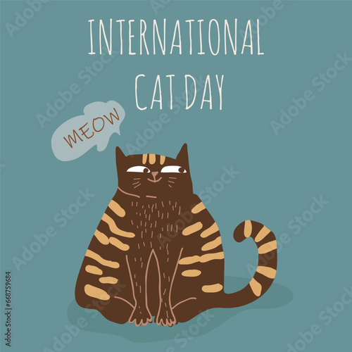 Postcard for the international cat day on August 8. Funny cartoon cat. Happy animals Print to greeting card, poster, flyer.
