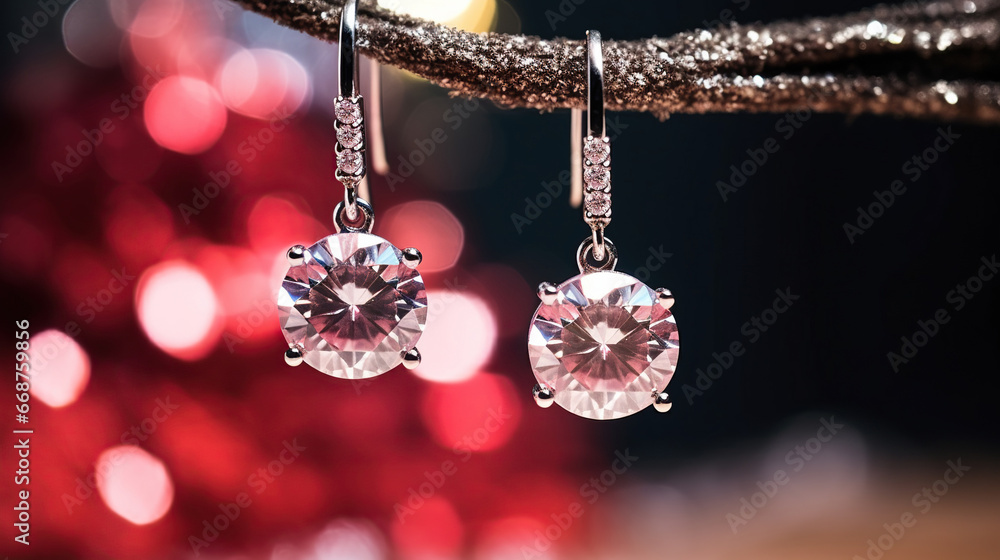 close up of a pair of silver drop earrings with white diamonds on a bokeh background,  holiday campaign  - obrazy, fototapety, plakaty 