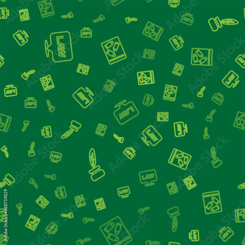 Set line Location law, Feather and inkwell and Evidence bag bullet on seamless pattern. Vector