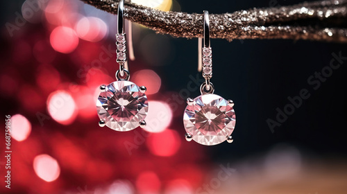 close up of a pair of silver drop earrings with white diamonds on a bokeh background, holiday campaign 