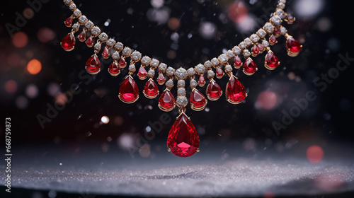close up of necklace with white diamond and red ruby stones on Christmas bokeh background, holiday campaign  photo