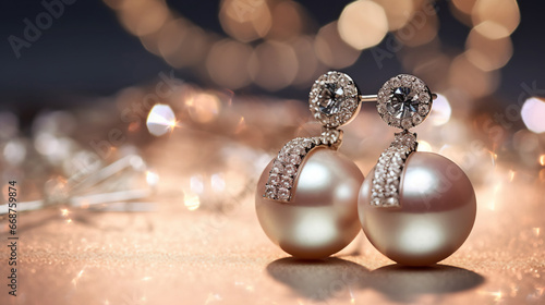 close up of elegant pearl and silver stud earrings on bokeh background, holiday campaign  photo