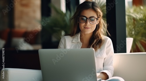 Female student researching, using laptop at home, studying concept