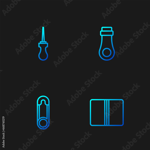 Set line Textile fabric roll, Safety pin, Awl tool and Zipper. Gradient color icons. Vector