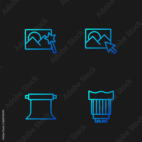 Set line Camera photo lens, Empty studio, Photo retouching and . Gradient color icons. Vector