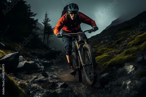 A man riding a mountain bike on a challenging rocky trail