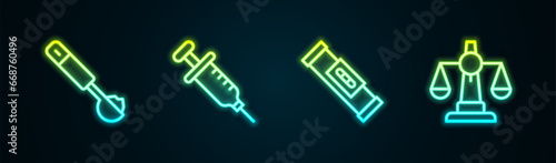 Set line Measuring spoon, Syringe, Construction bubble level and Scales of justice. Glowing neon icon. Vector