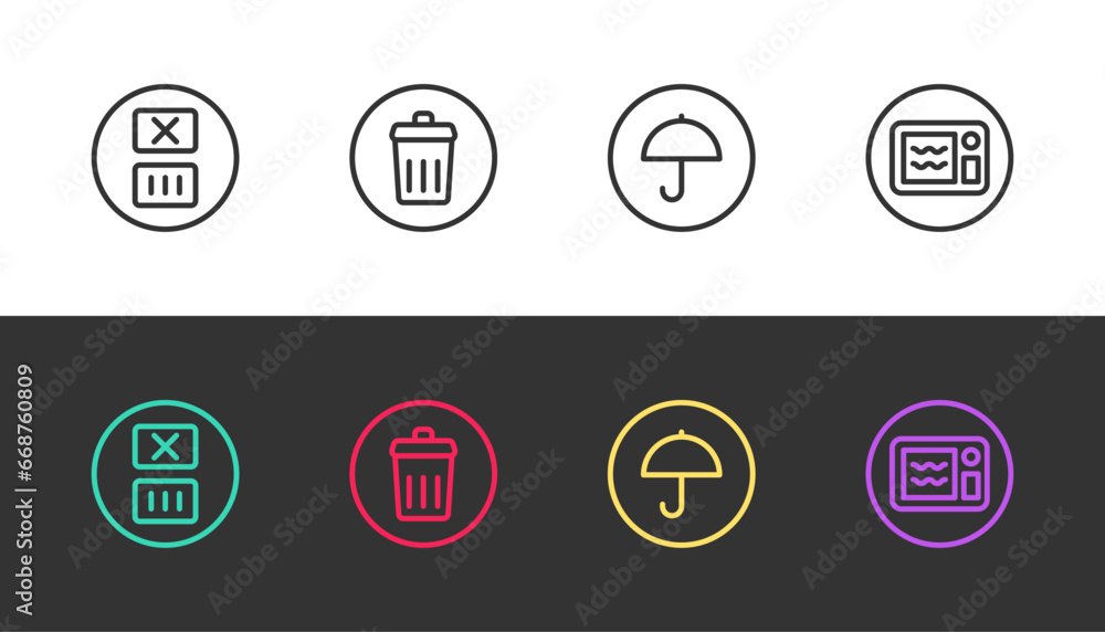 Set line Temperature wash, Trash can, Delivery package with umbrella and Microwave oven on black and white. Vector Set line Temperature wash, Trash can, Delivery package with umbrella and Microwave oven on black and white. Vector
