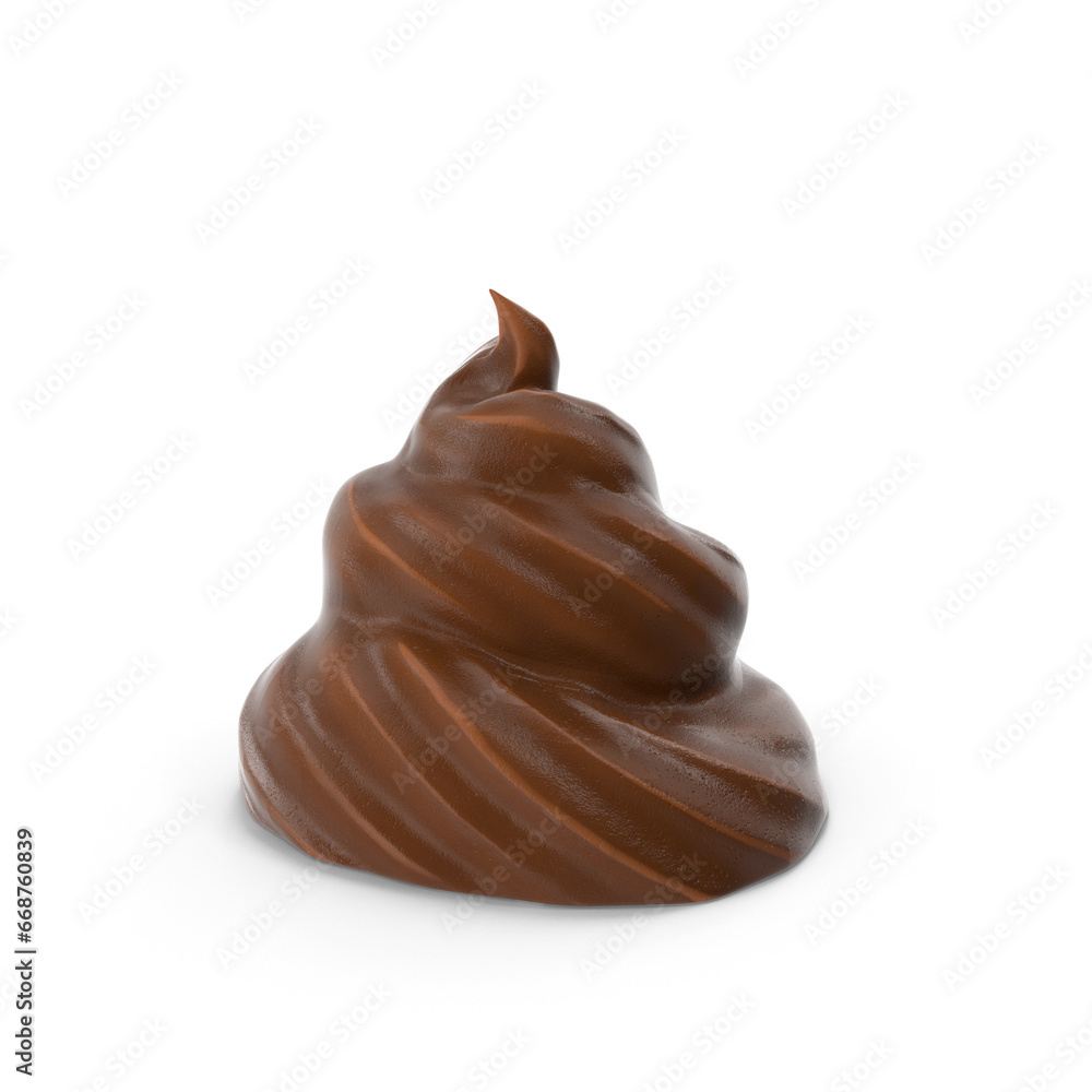Pour melted chocolate syrup, and soft serve choco ice cream twisted scope 3D rendering isolated on a white background