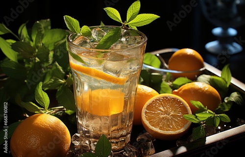 Indulge in the refreshing combination of ice tea infused with zesty lemon and invigorating mint leaves, creating a delightful beverage to quench your thirst