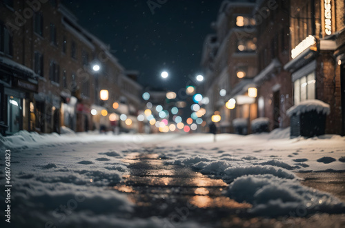 In the style of cinematic, a winter city scene under soft snowfall at dusk., street in the night