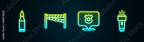 Set line Bullet, Crime scene, Police badge and Flashlight. Glowing neon icon. Vector