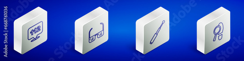 Set Isometric line Telephone call 112, Safety goggle glasses, Telescopic baton and Footsteps icon. Vector