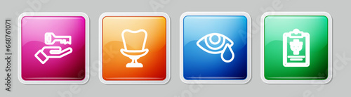 Set line Solution to the problem, Armchair, Tear cry eye and Psychology, Psi. Colorful square button. Vector