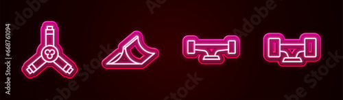 Set line Skateboard Y-tool, park, wheel and . Glowing neon icon. Vector