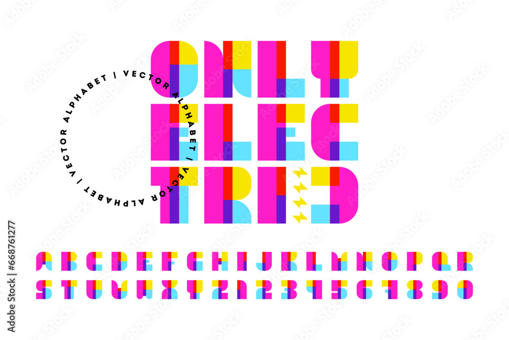 Retro style display font Only electric. Colorful alphabet with old fashioned geometric design. Elegant vintage typographic Retro style display font Only electric. Colorful alphabet with old fashioned geometric design. Elegant vintage typographic