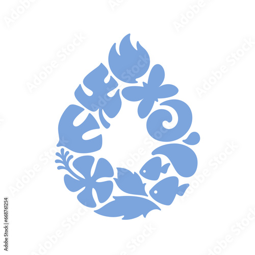 Elements of nature in shape of water drop. Elegant vector logo template or icon with fire, leaf, sun and flower